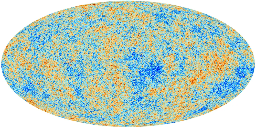 Projected map of the Cosmic Microwave Background radiation across the entire sky, as measured by the Planck satellite