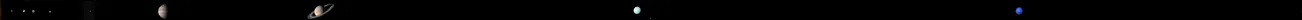 Solar System, with size grossly exaggerated. Outward from the Sun, the objects are Mercury, Venus, Earth, Mars, Ceres (within Asteroid Belt), Jupiter, Saturn, Uranus, Neptune and Pluto-Charon System.